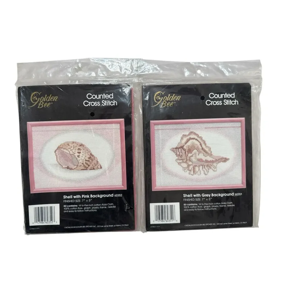 Vintage *NEW* Sea Shell Counted Cross Stitch Set of 2 Golden Bee Pink White 7x5